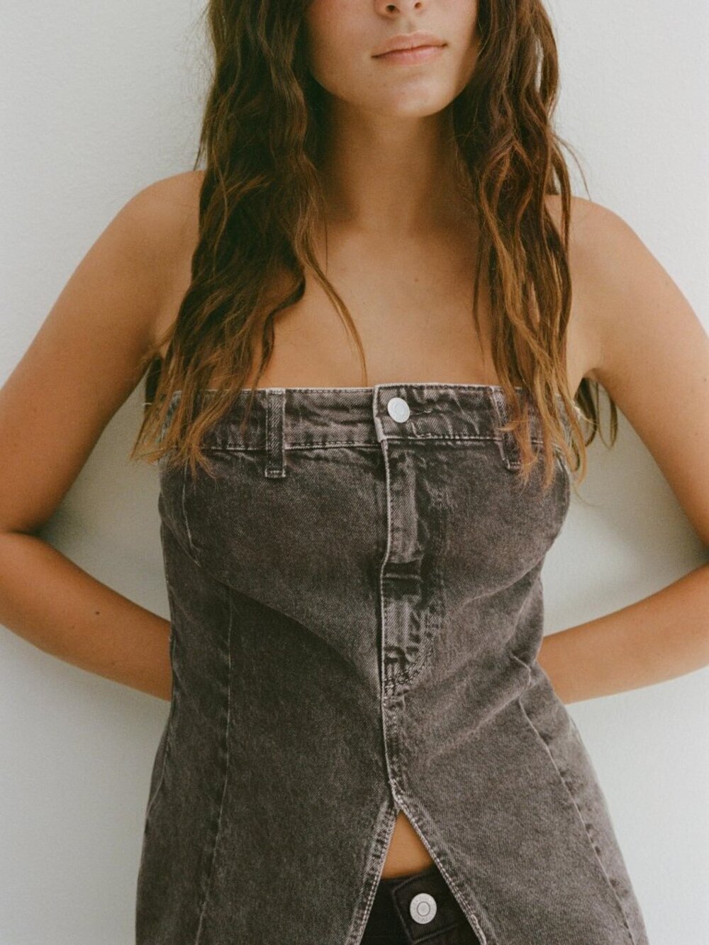 ZARA GREY DENIM CORSETRY-INSPIRED TOP